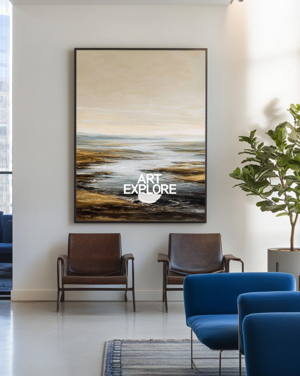 Modern Textured Lake Abstract, Handmade Oil on Canvas for Large Office ArtExplore