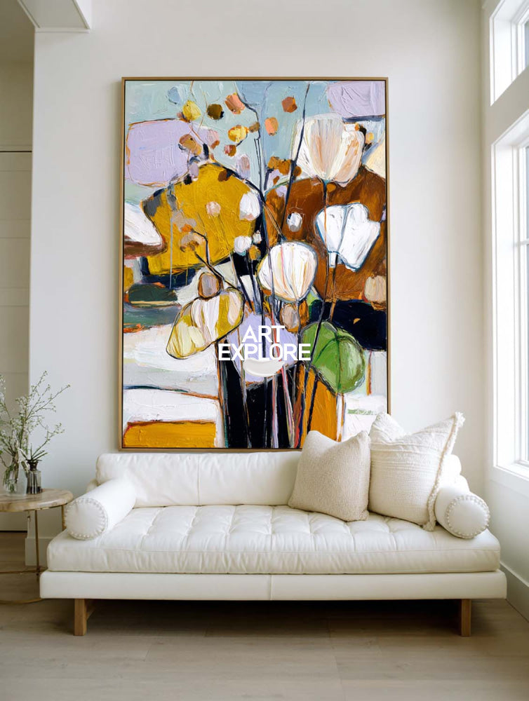 Modern Textured Palette Knife Floral Art Hand-Drawn Large Decor
