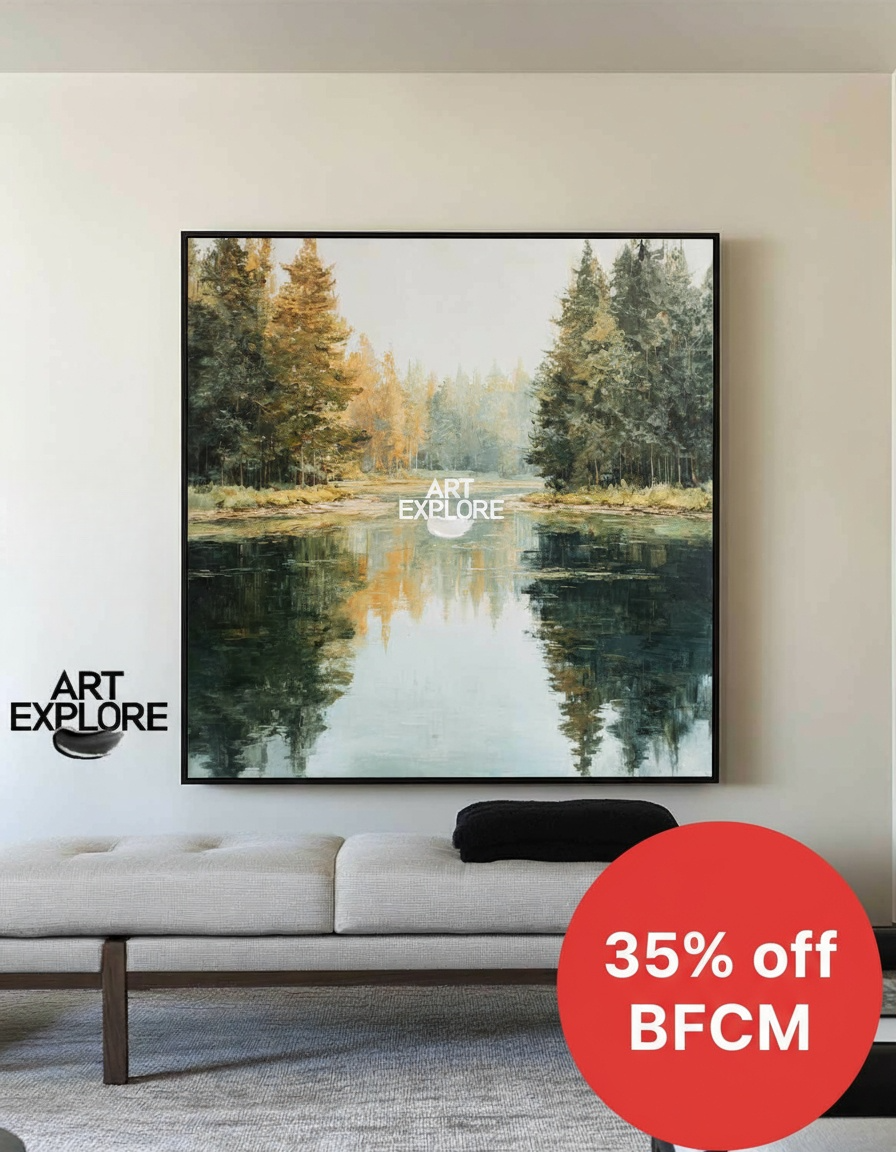Tranquil Forest Lake Landscape Oil Painting – Large Square Wall Art | ArtExplore