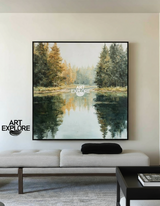 Tranquil Forest Lake Landscape Oil Painting – Large Square Wall Art | ArtExplore