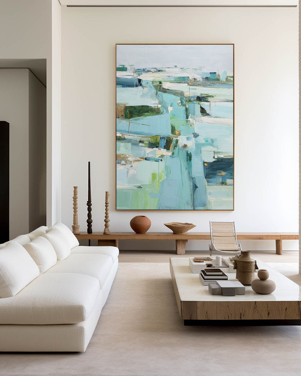 Modern Turquoise Painting Blue Abstract Canvas Wall Art Large Abstract Texture Painting For Sale