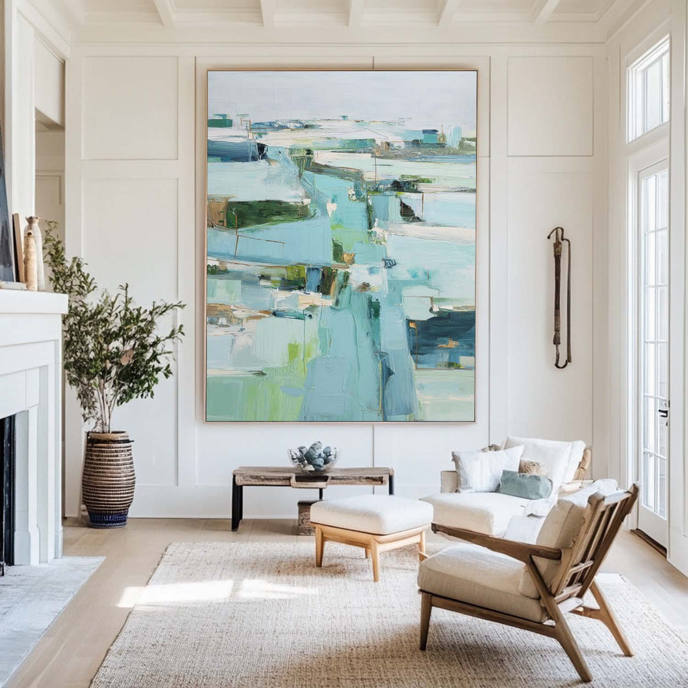 Modern Turquoise Painting Blue Abstract Canvas Wall Art Large Abstract Texture Painting For Sale