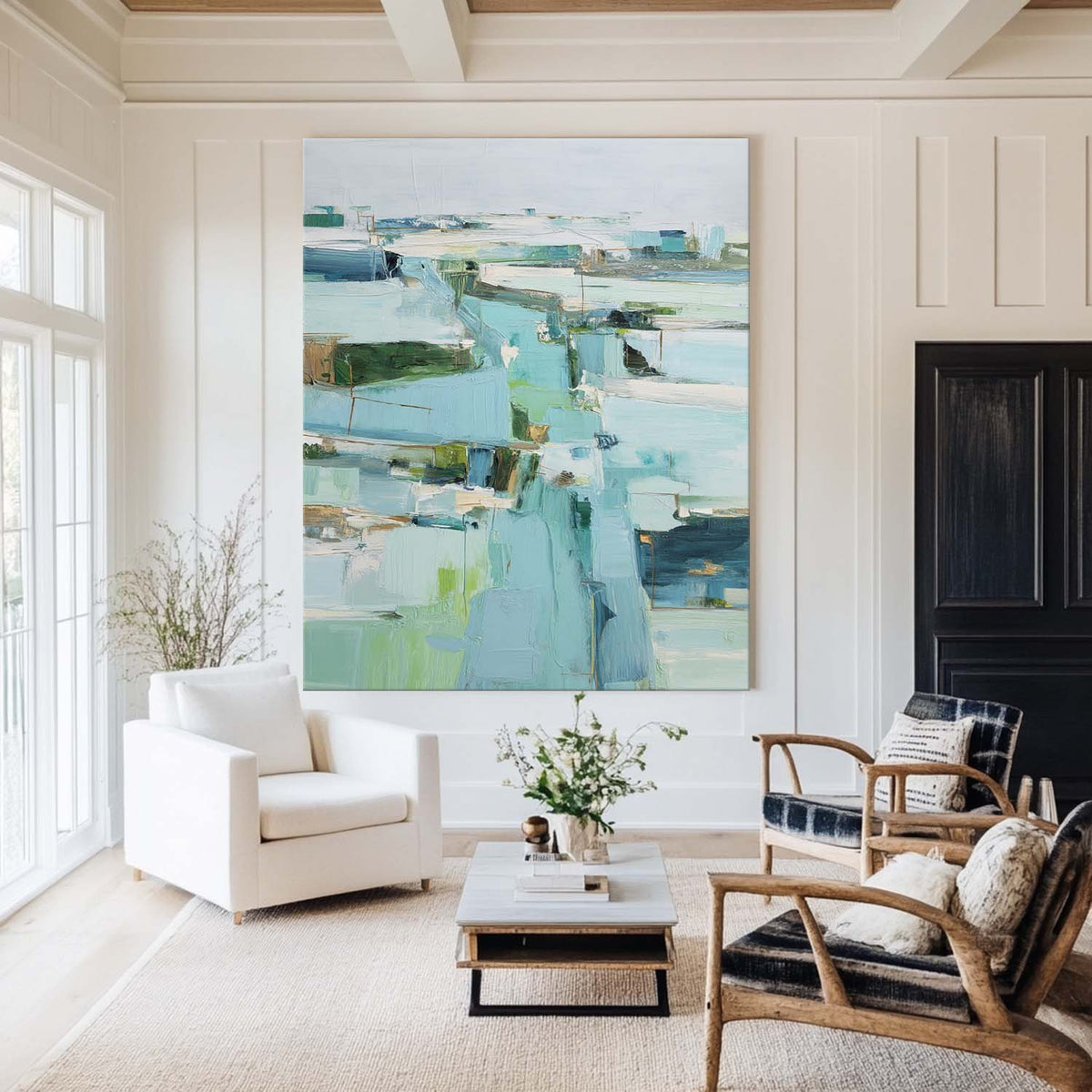 Modern Turquoise Painting Blue Abstract Canvas Wall Art Large Abstract Texture Painting For Sale