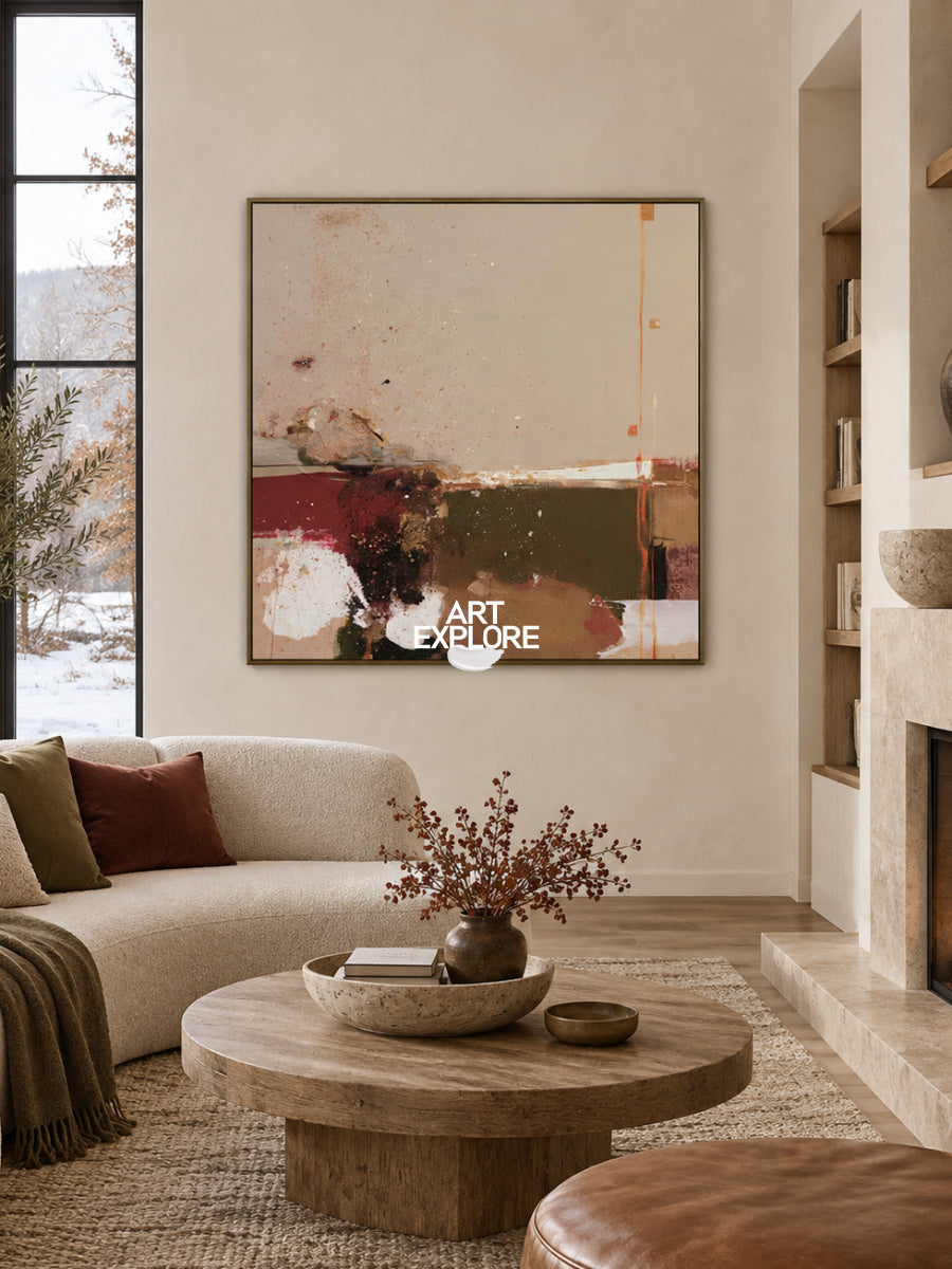 Abstract Earth Tone Canvas Painting With Red And Green Accents For Modern Walls