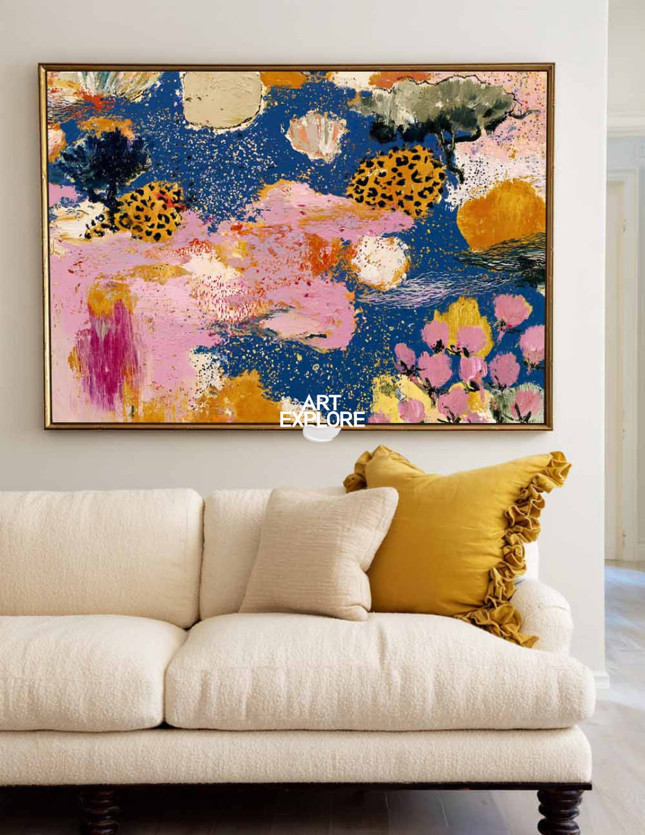 Colorful Abstract Floral Canvas Painting With Pink And Blue Tones For Modern Home Decor