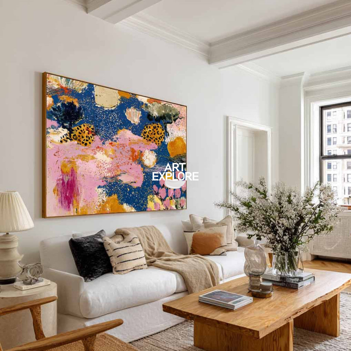 Colorful Abstract Floral Canvas Painting With Pink And Blue Tones For Modern Home Decor