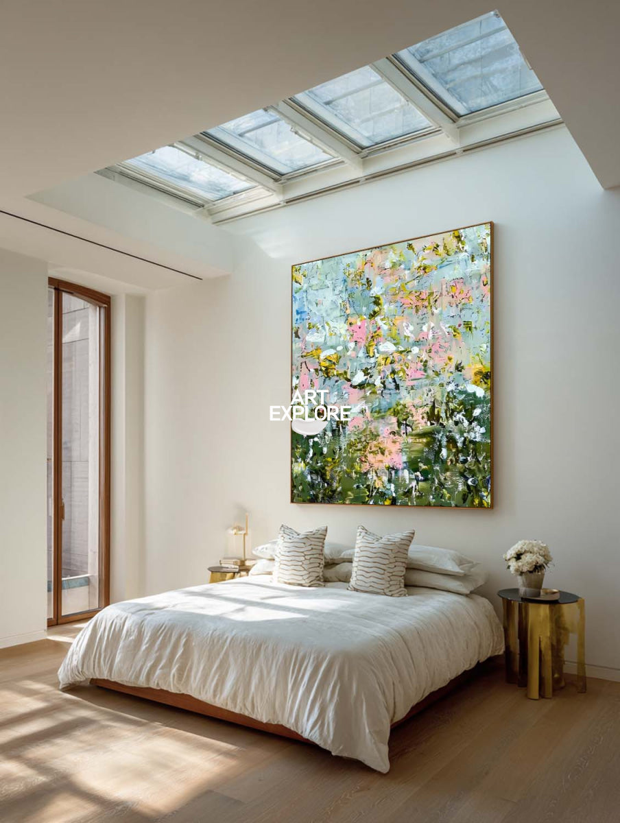 Abstract Floral Canvas Painting With Green And Pink Hues For Modern Home Decor