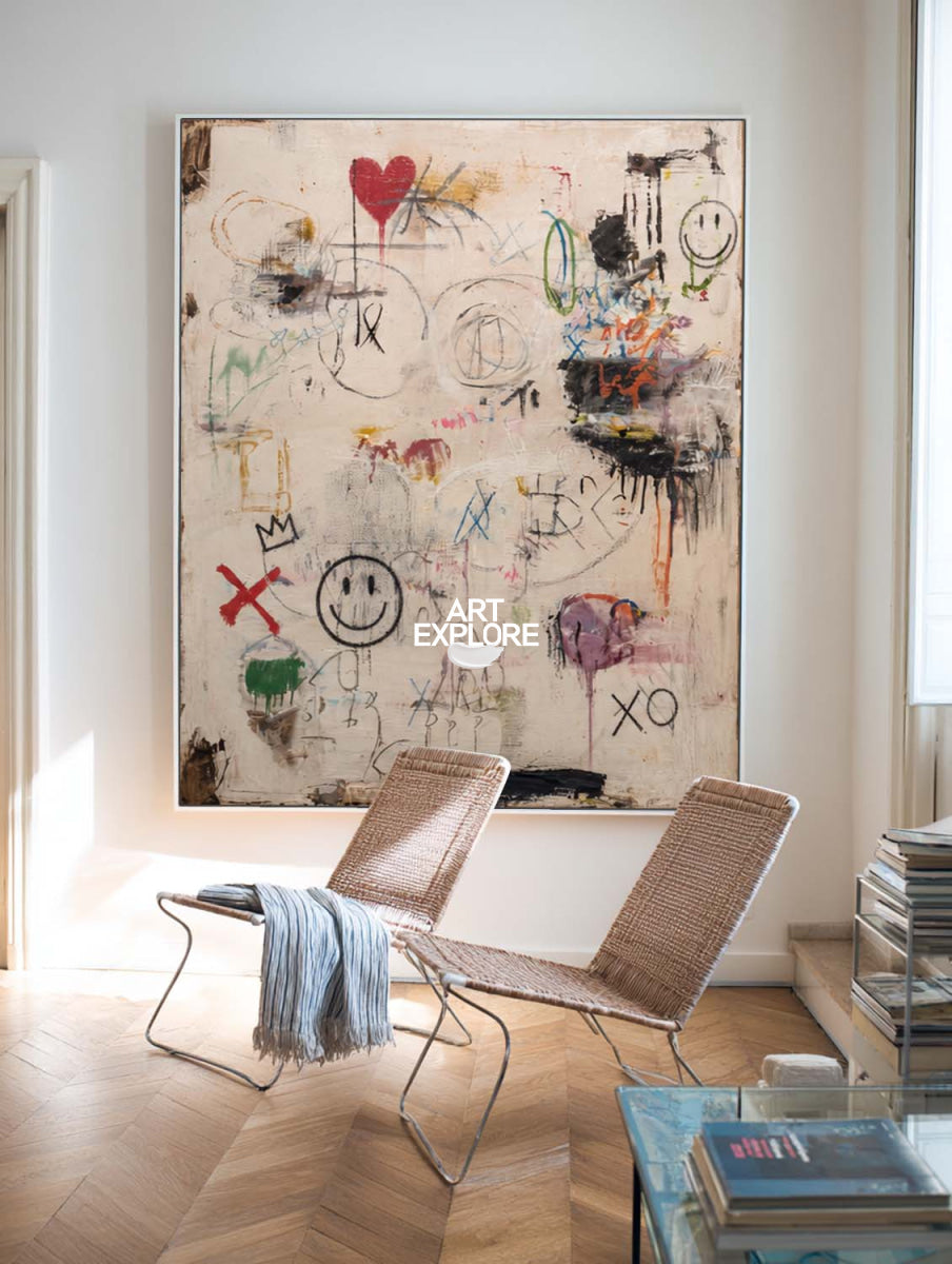 Original Abstract Graffiti Art With Smileys For Modern Living Room Decor