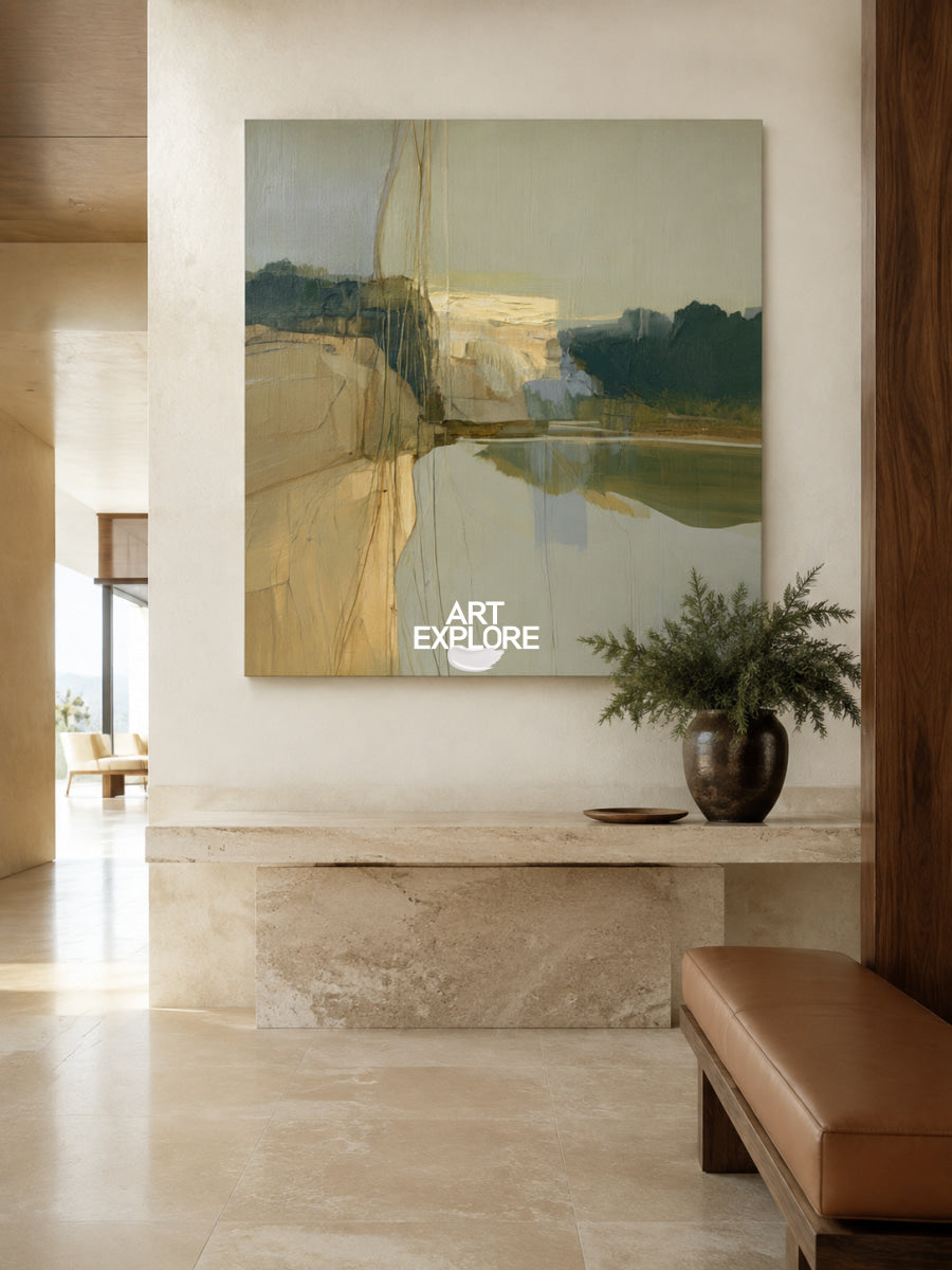 Abstract Landscape Canvas Painting In Green And Brown Tones For Modern Walls