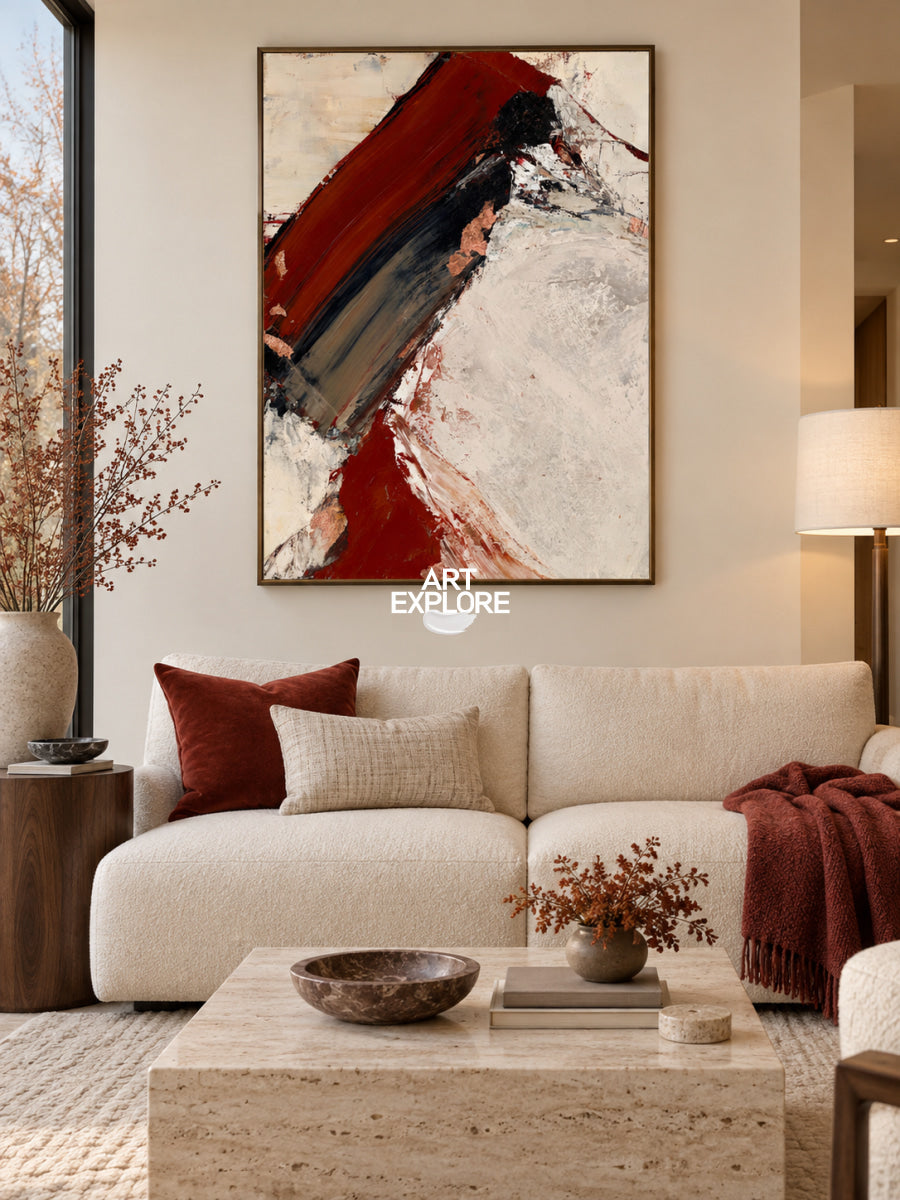 Modern Bold Red And Beige Abstract Canvas Painting Hand-Painted Wall Art
