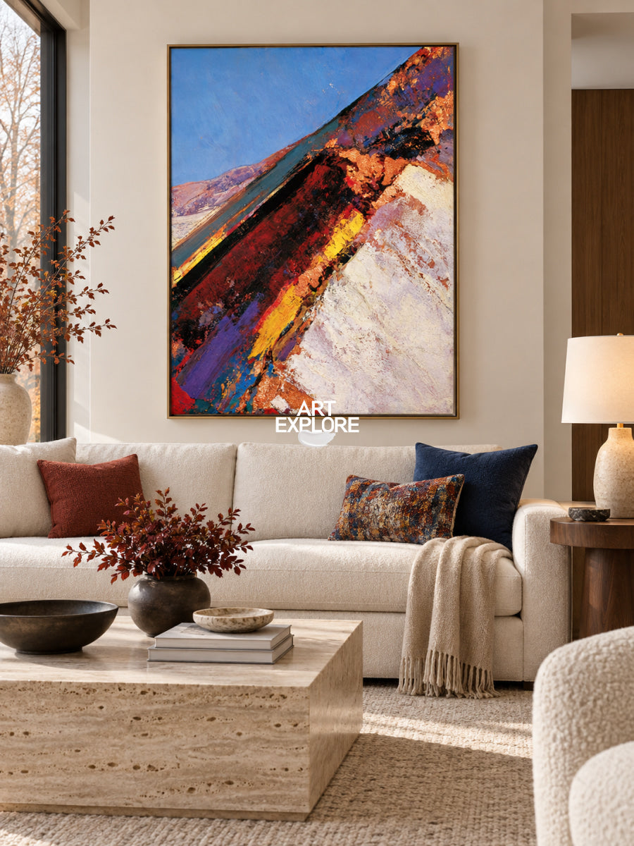 Colorful Abstract Landscape Canvas Painting With Red And Blue Tones