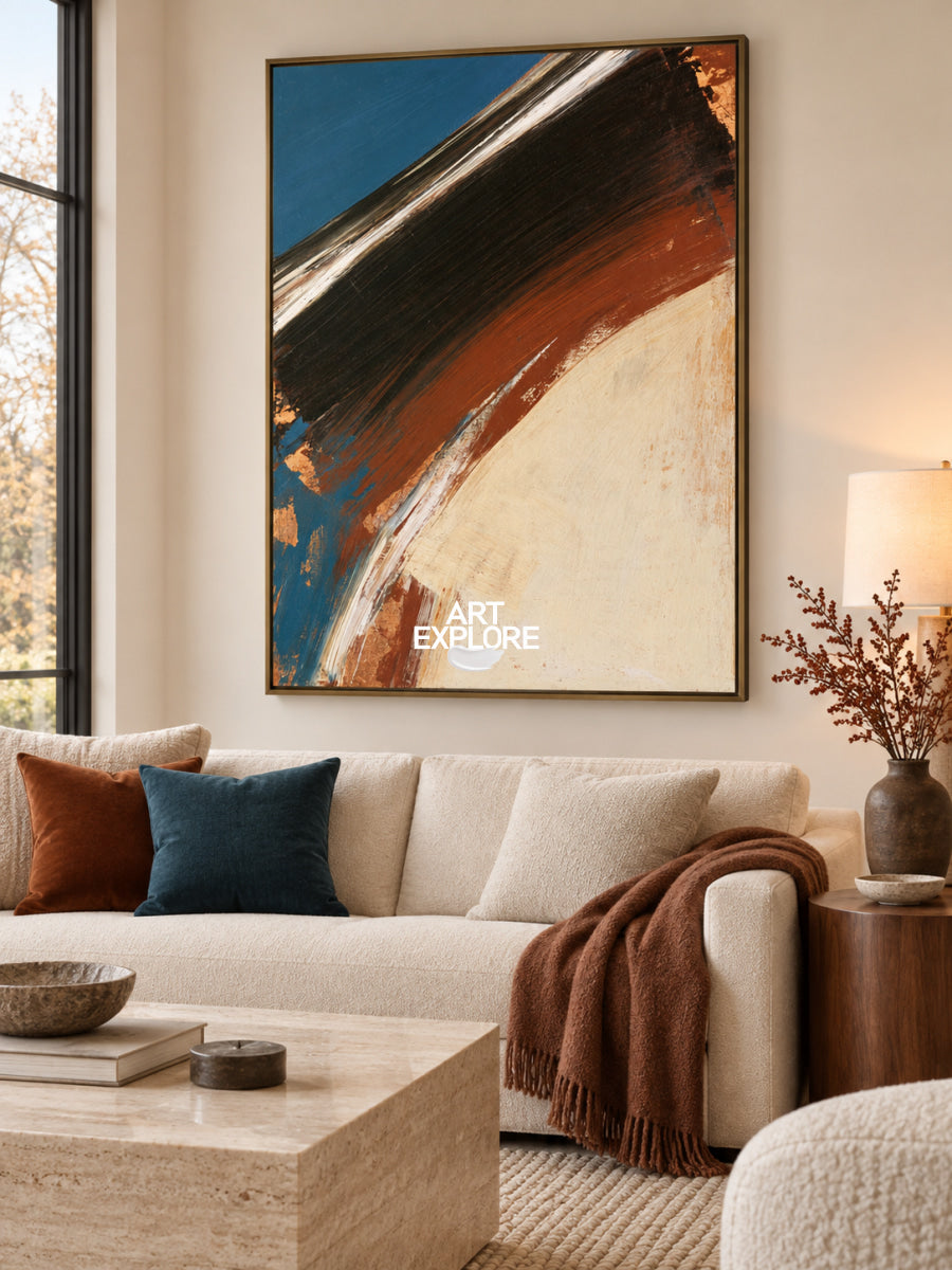 Abstract Blue And Beige Canvas Painting With Earthy Brown Tones