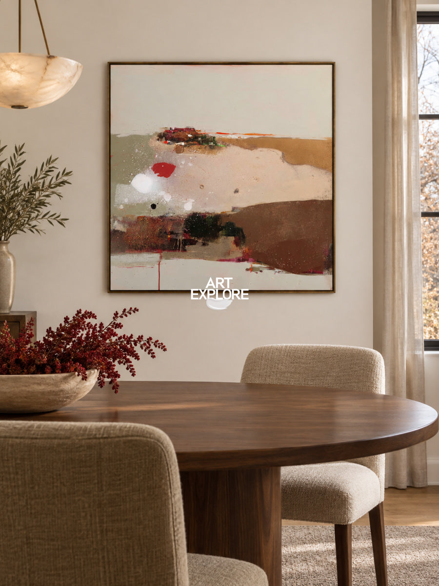 Abstract Earth Landscape Canvas Painting With Red And Green Accents Original Art