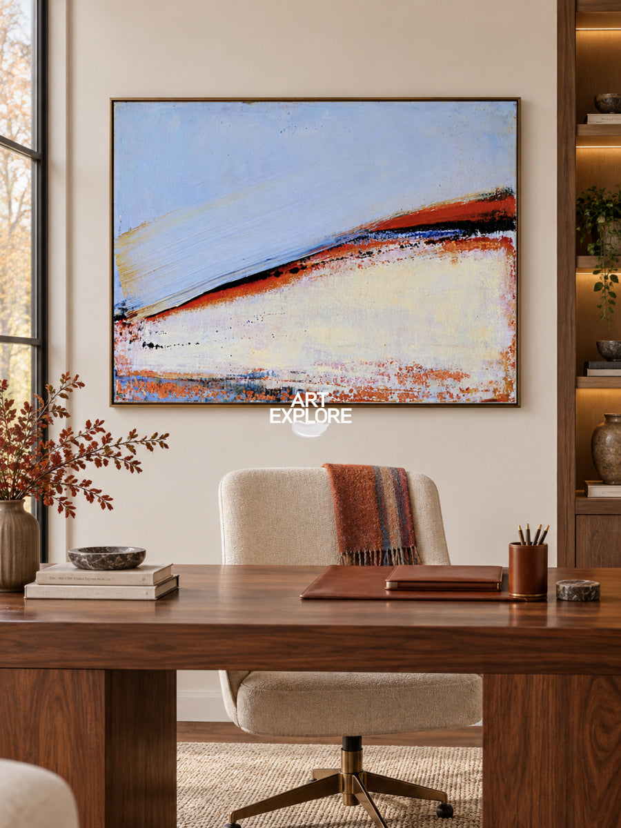 Contemporary Abstract Painting With Textured Blue Red Tones