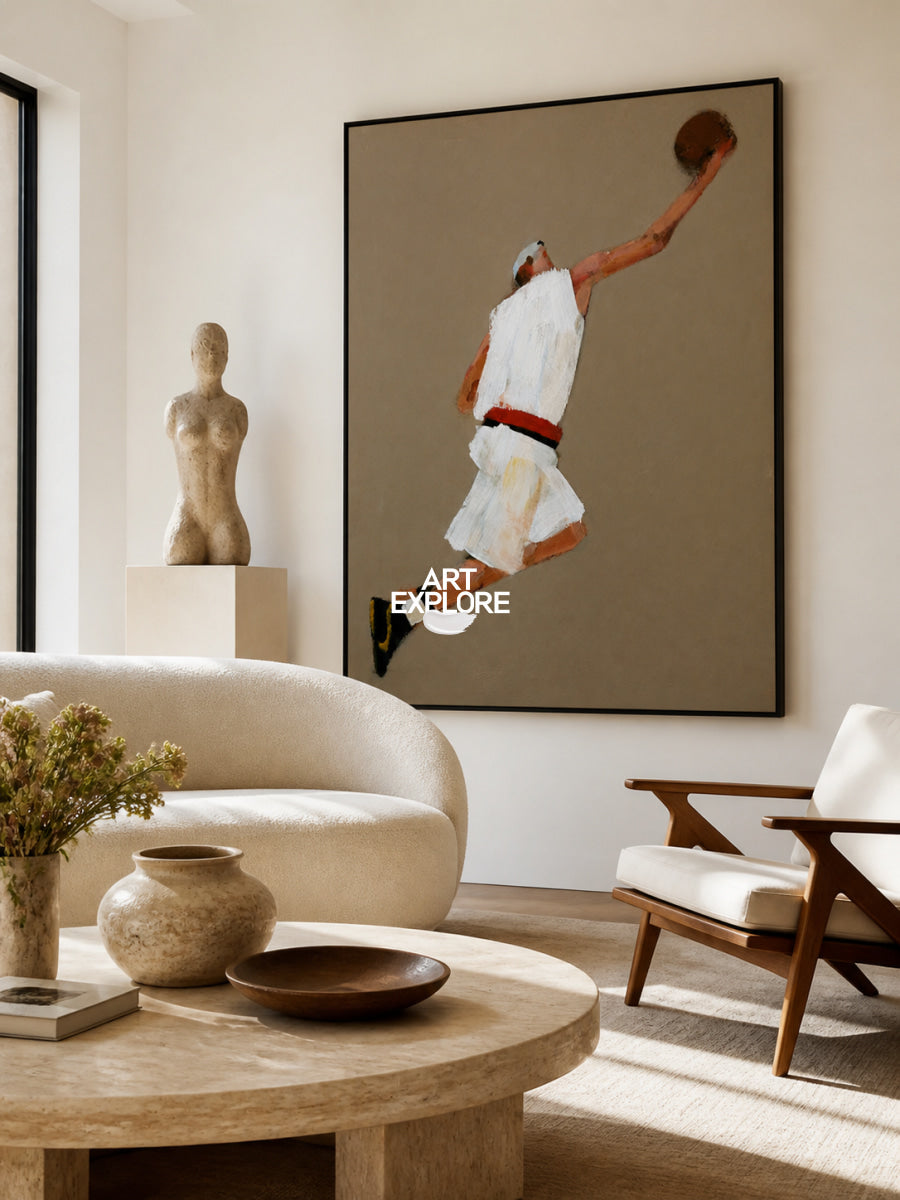 Abstract Basketball Player Canvas Painting In Brown And White For Modern Walls