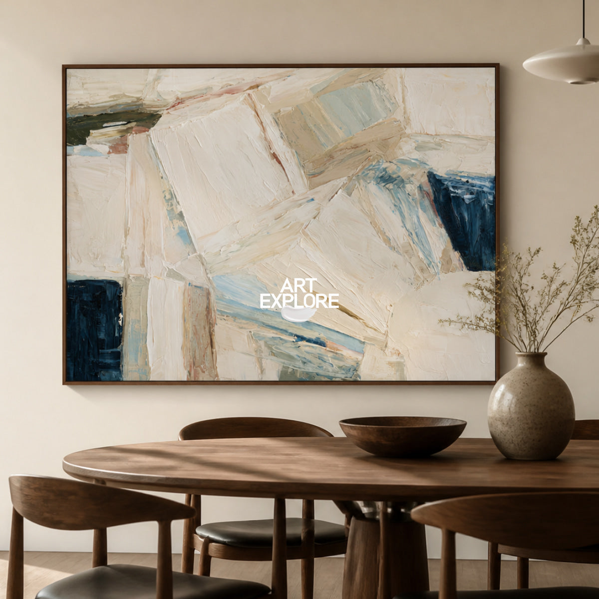 Abstract Beige And Blue Canvas Painting With Textured Impasto Strokes
