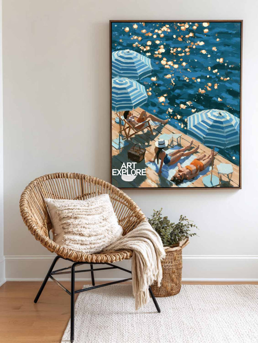 Abstract Blue Ocean Painting For Modern Coastal Living Room Decor With Summer Vacation Vibe