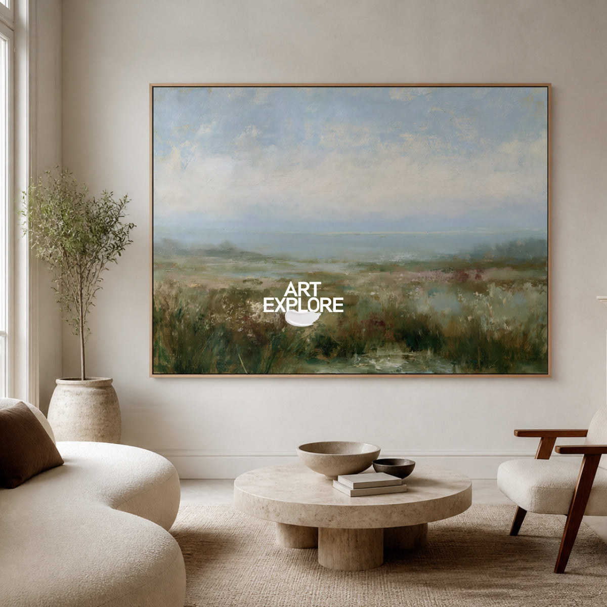 Hand-Painted Coastal Seascape Canvas Painting With Blue And Green Tones