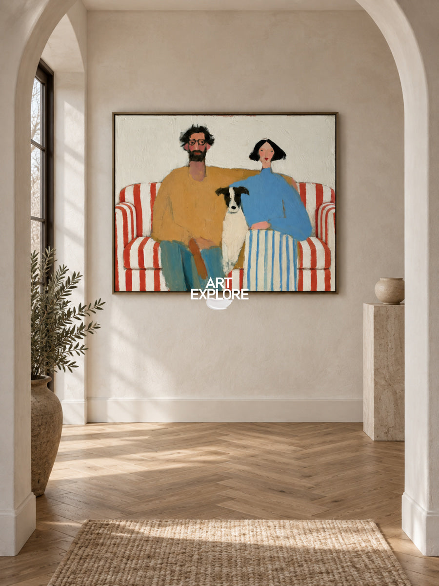 Abstract Couple And Dog Painting On Red Striped Sofa Hand-Painted Canvas Art