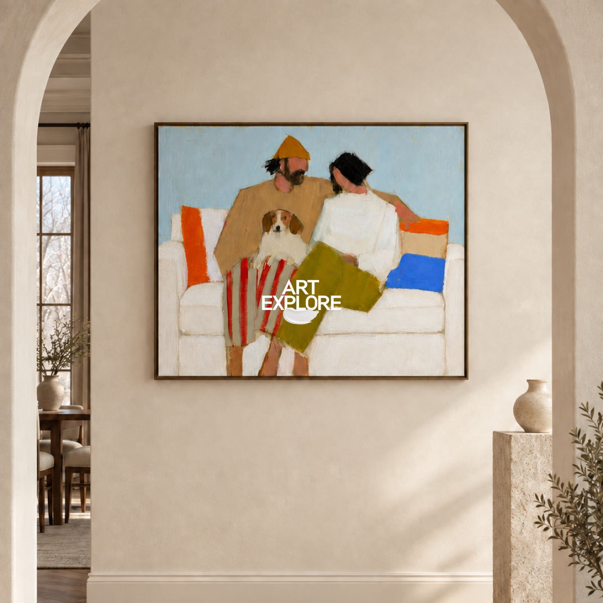 Abstract Couple And Dog Painting On Canvas For Modern Home Decor
