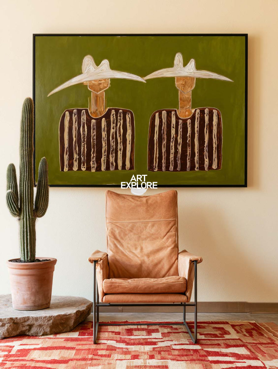 Minimalist Folk Art Painting Green And Brown Abstract Figures For Modern Home Decor