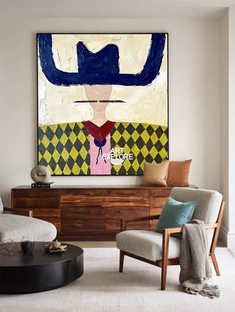 Minimalist Folk Art Painting With Geometric Cowboy In Yellow And Blue For Modern Home Decor