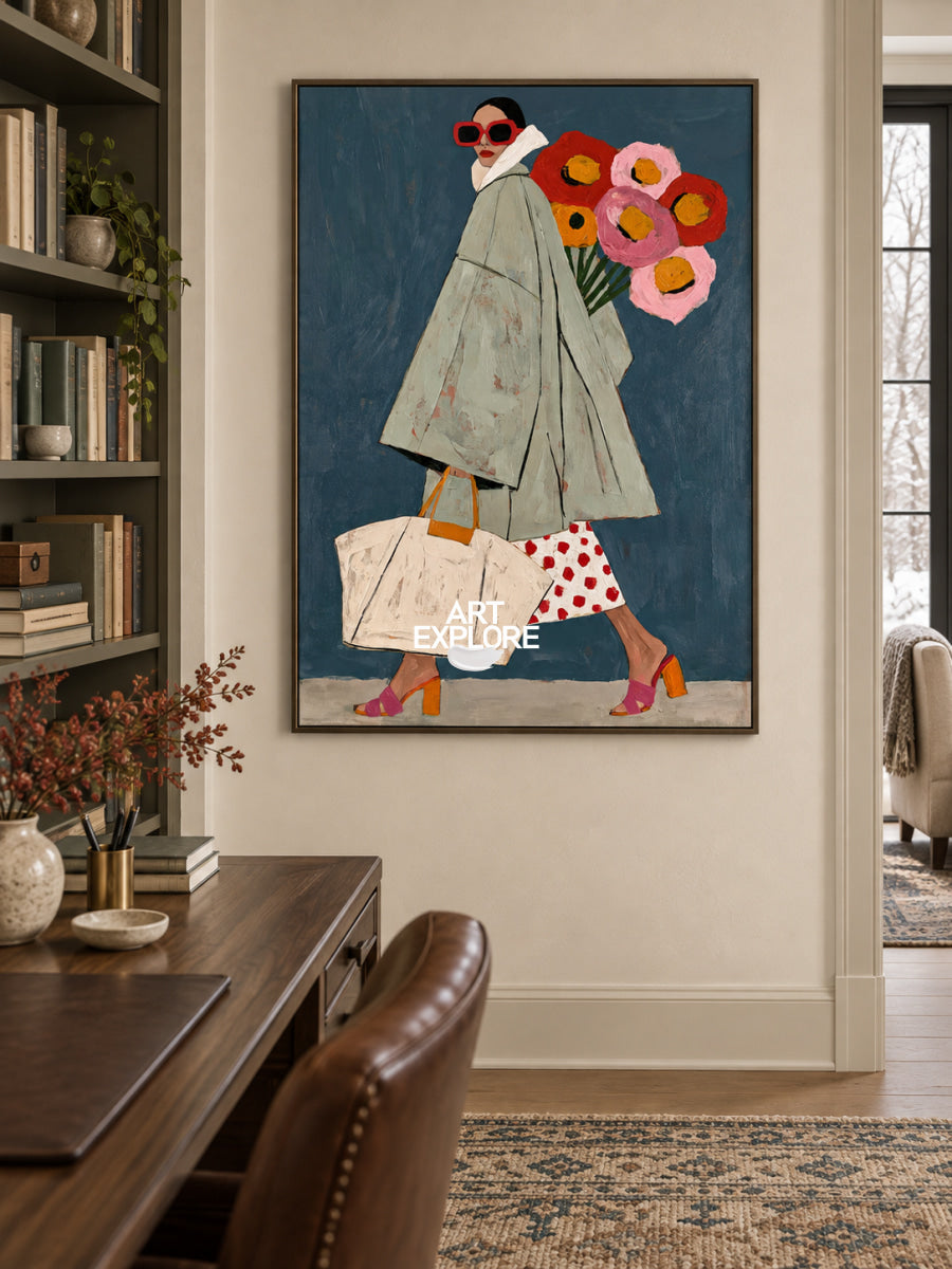 Pop Art Style Canvas Painting Abstract Woman In Green Coat Original Art