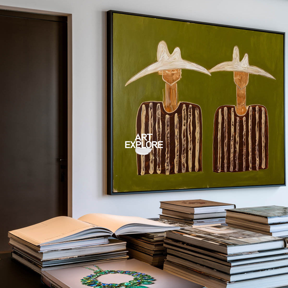 Minimalist Folk Art Painting Green And Brown Abstract Figures For Modern Home Decor