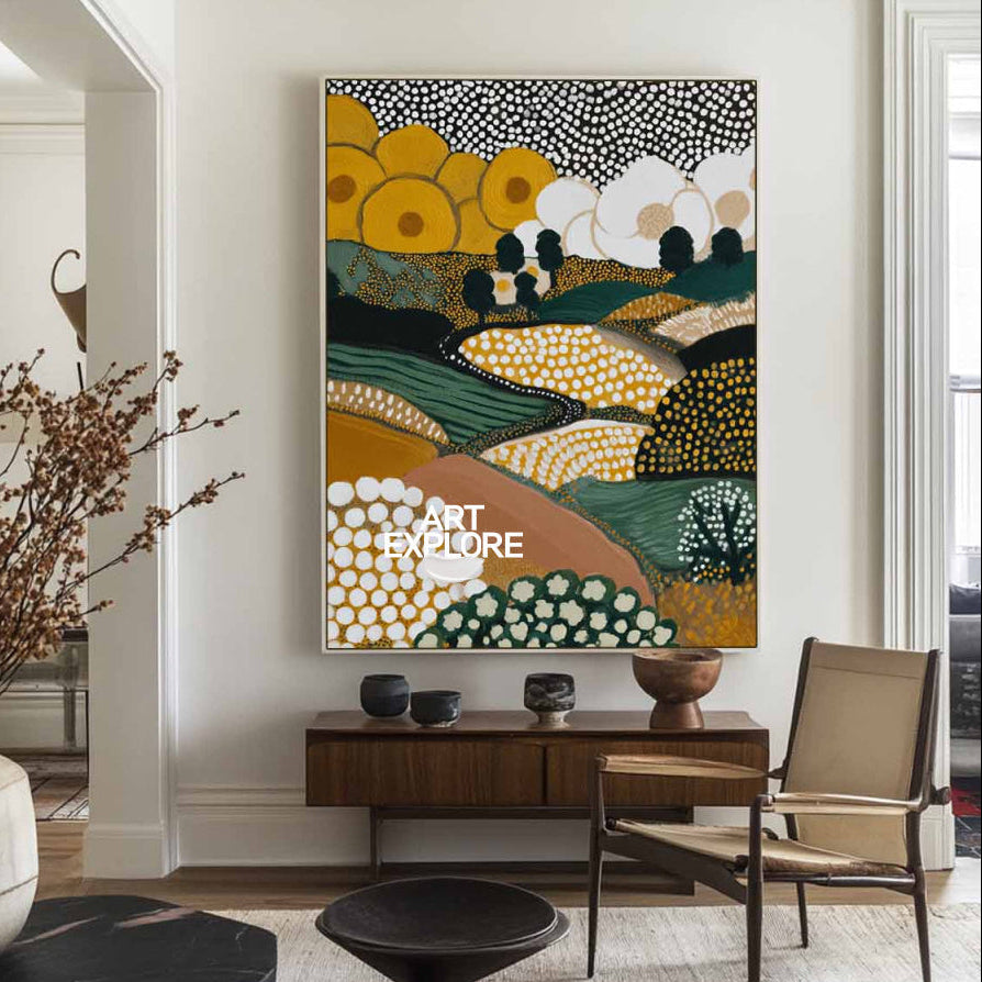 Modern Abstract Landscape Art With Spot Patterns In Earth Tones For Living Room Decor
