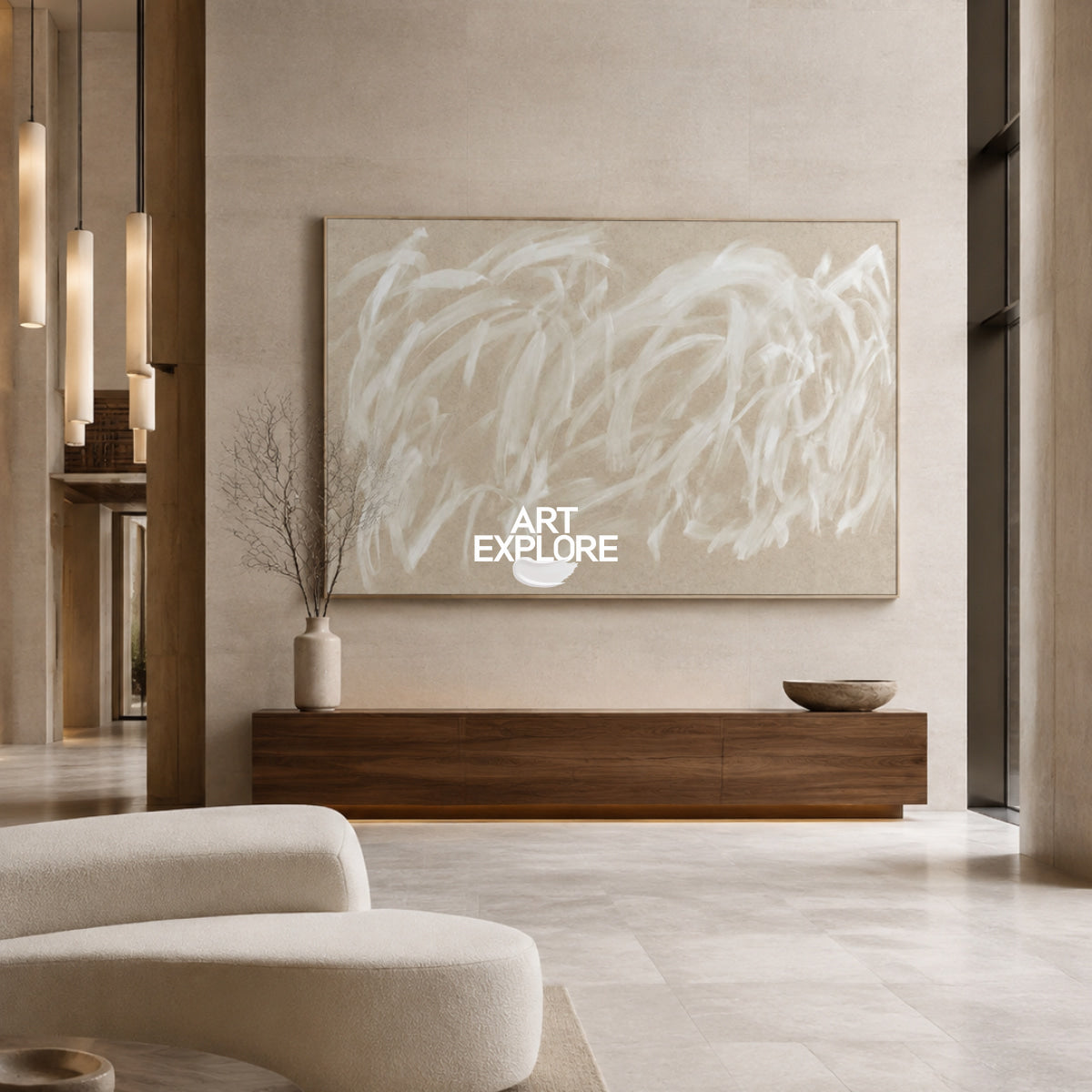 Abstract Beige And White Hand-Painted Canvas Wall Art For Modern Home Decor