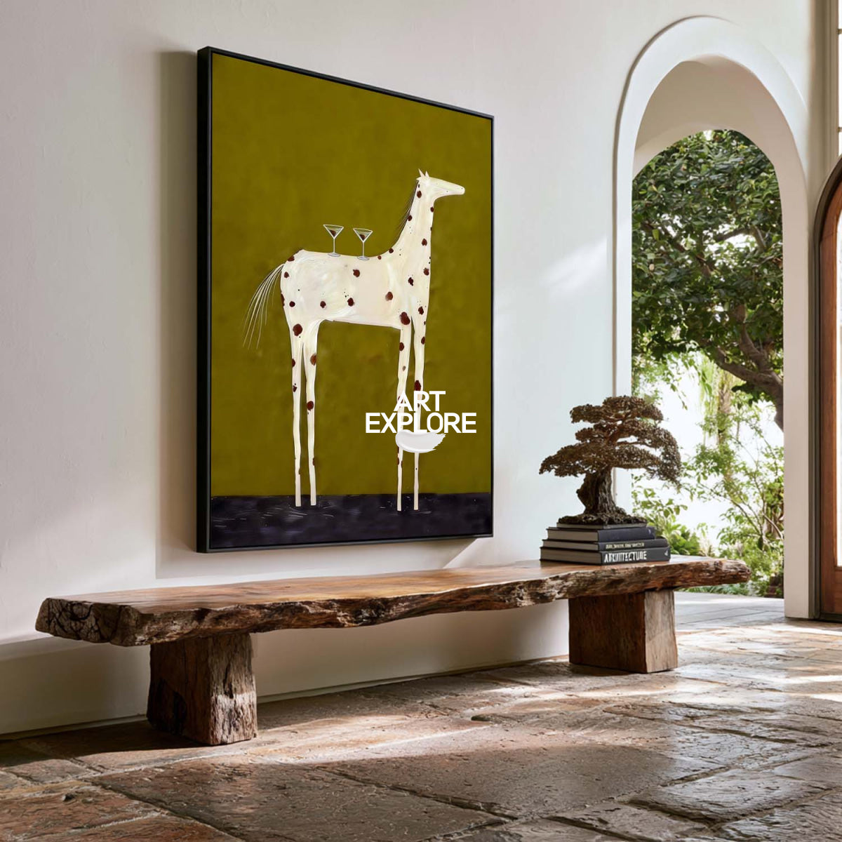 Modern Folk Art Painting Of White Horse With Martini Glasses On Olive Green Canvas