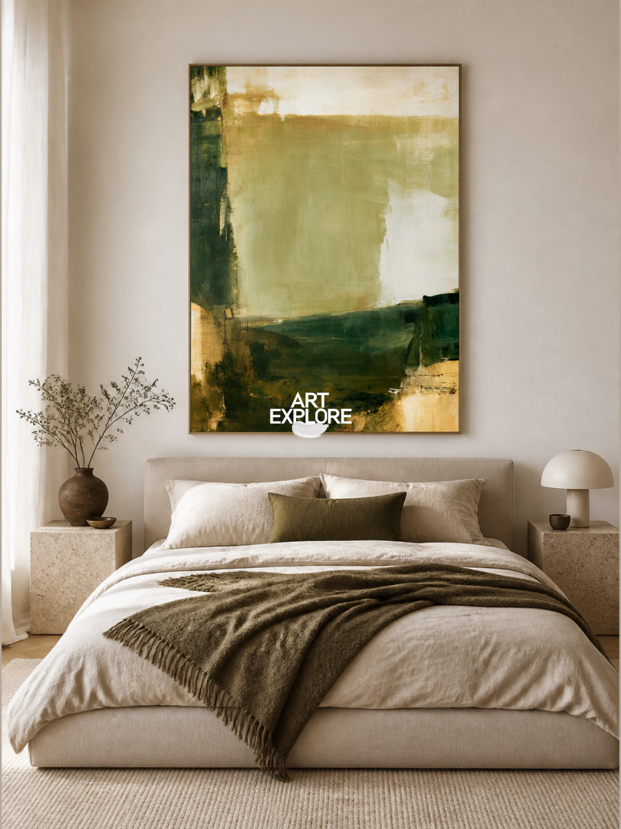 Hand-Painted Minimalist Abstract Art In Earthy Green Tones For Modern Homes