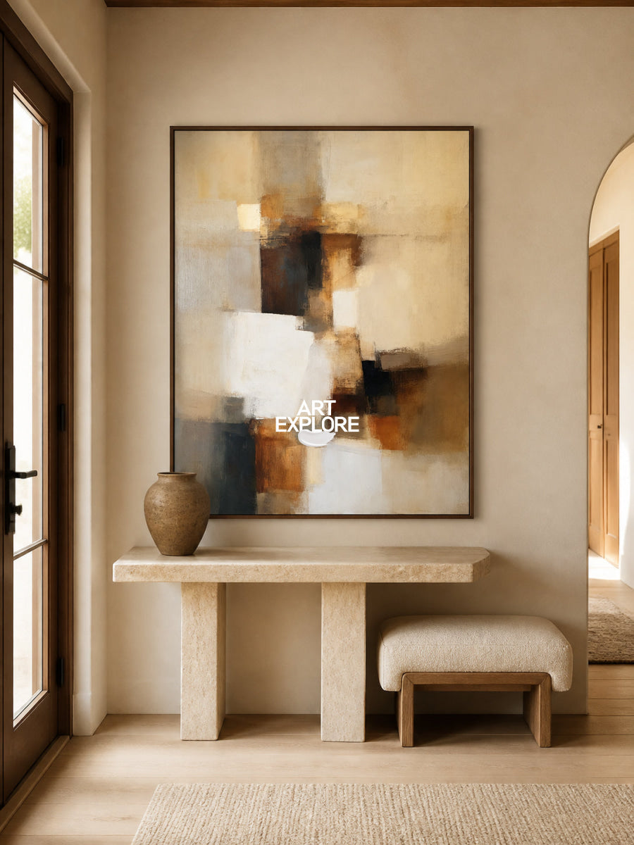 Earthy Abstract Expressionism Art Beige Brown Handmade Canvas For Office Decor