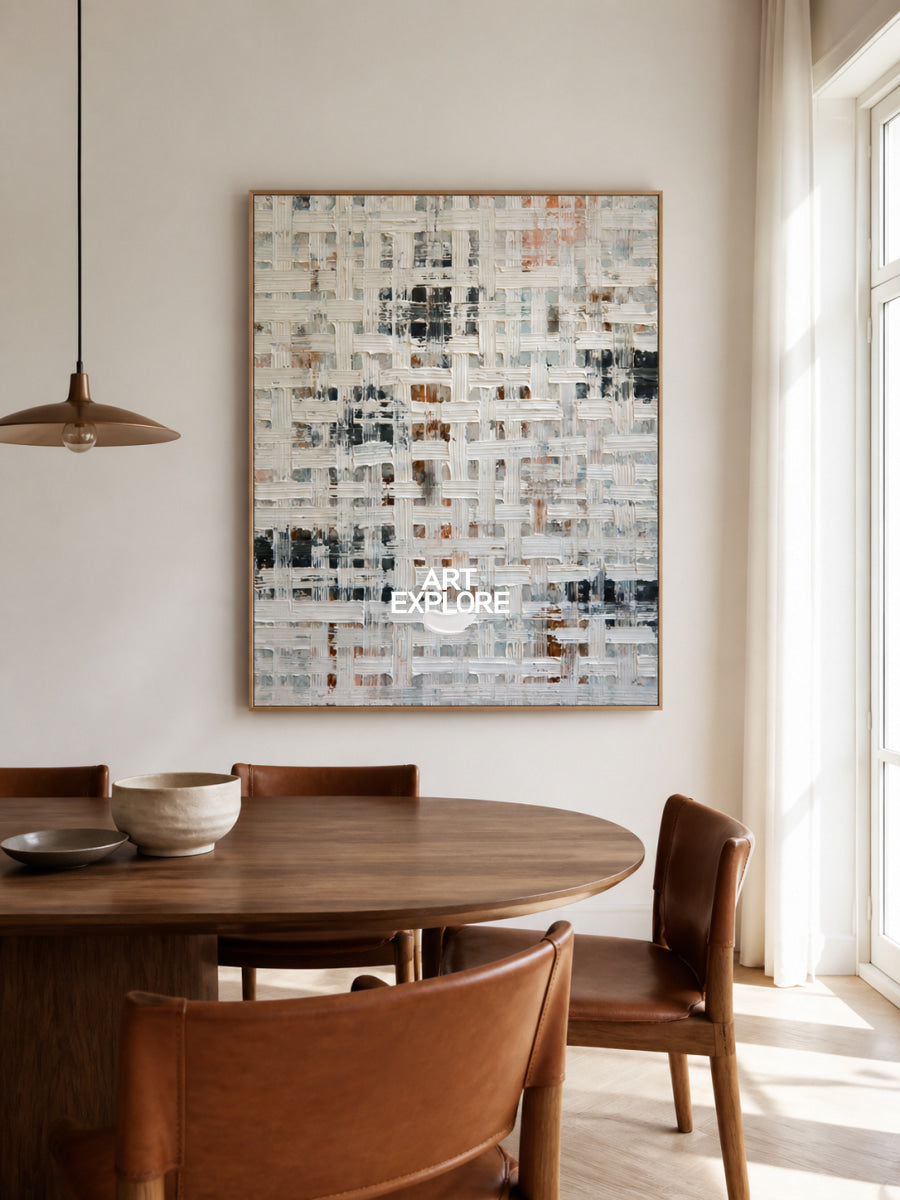 Abstract Geometric White Canvas Painting With 3D Texture For Modern Walls
