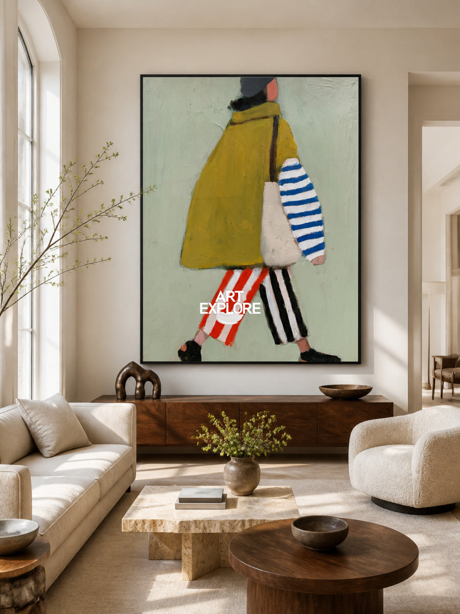 Minimalist Green Fashion Woman Painting Original Oil On Linen Canvas For Living Room Decor