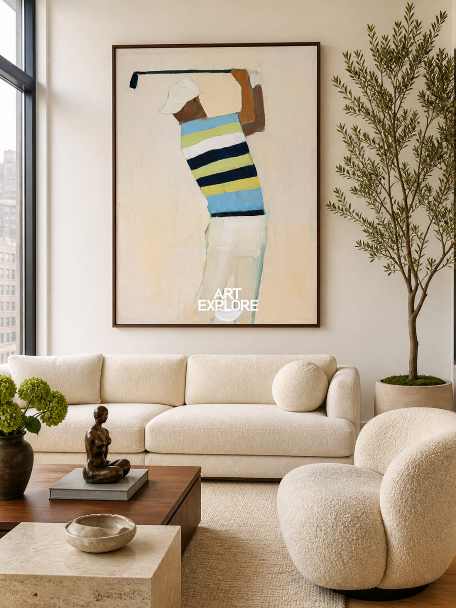 Modern Sports Wall Art For Office Abstract Golfer Painting In Beige