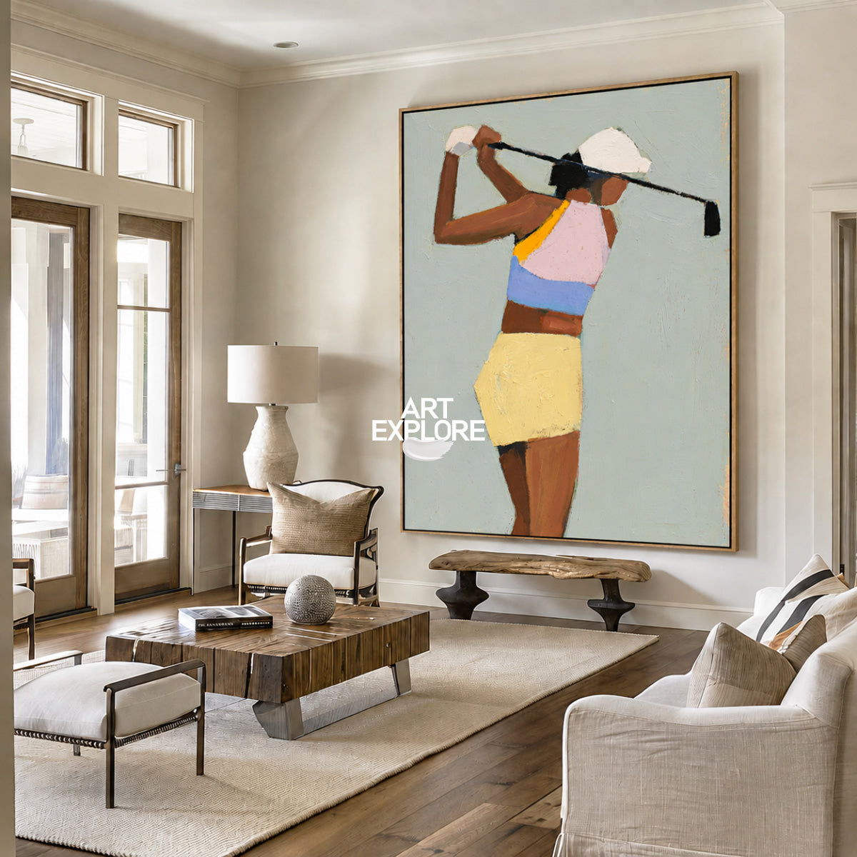 Abstract Golfer Painting Hand-Painted Canvas Wall Art In Green And Pastel Colors