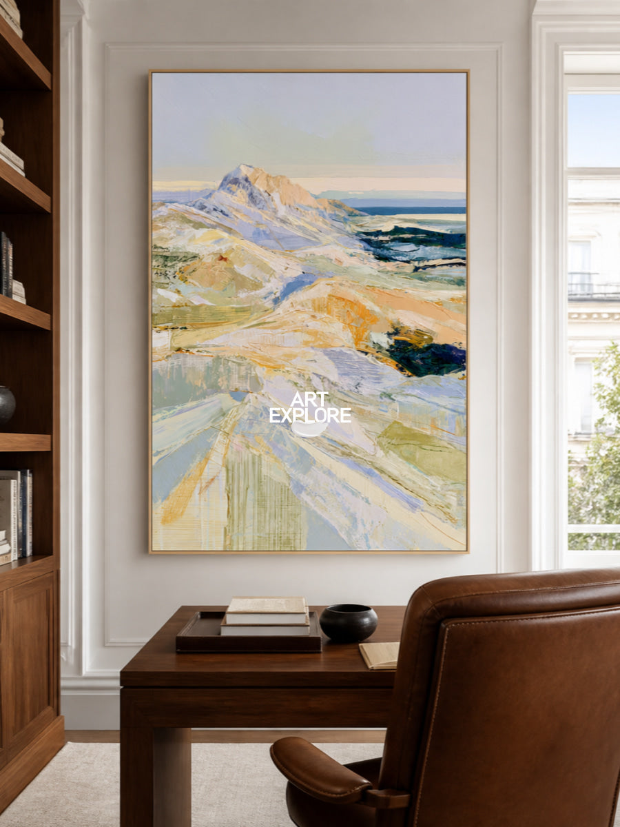 Abstract Mountain Landscape Canvas Painting In Blue And Green Tones