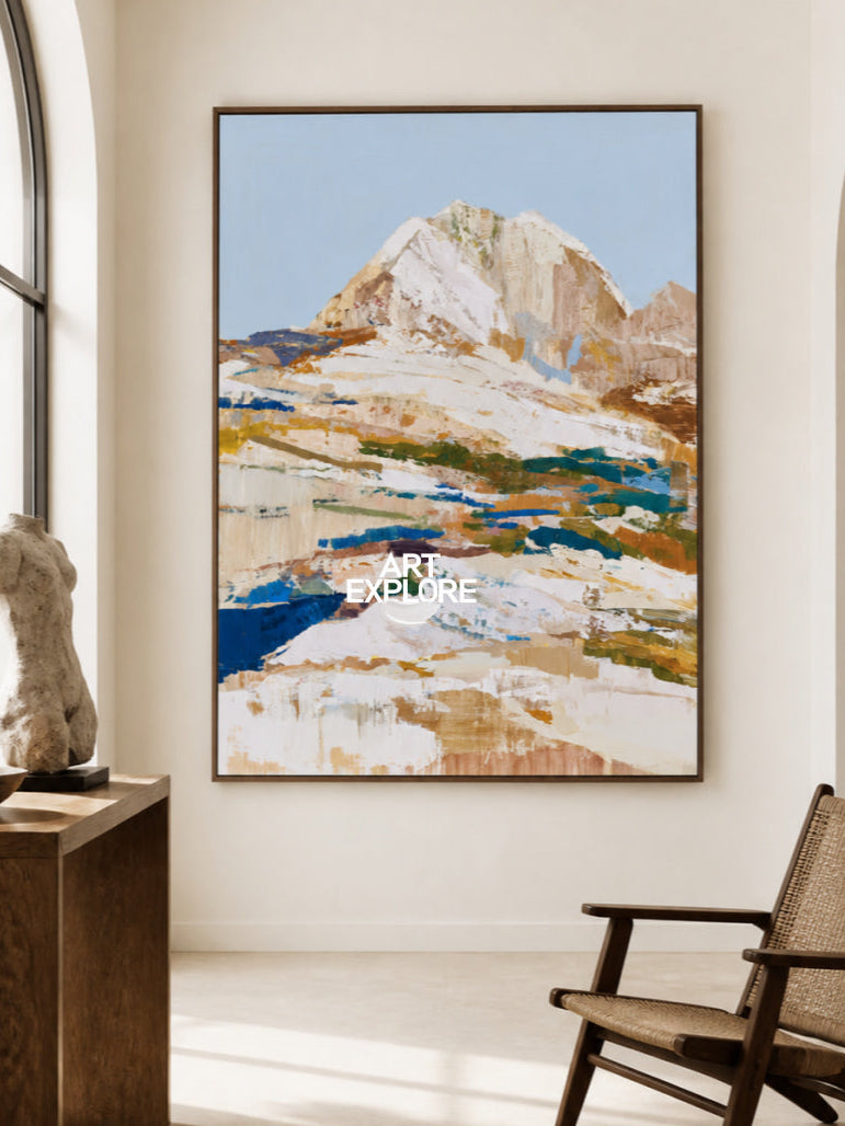 Abstract Mountain Landscape Canvas Painting In Blue And Brown Tones