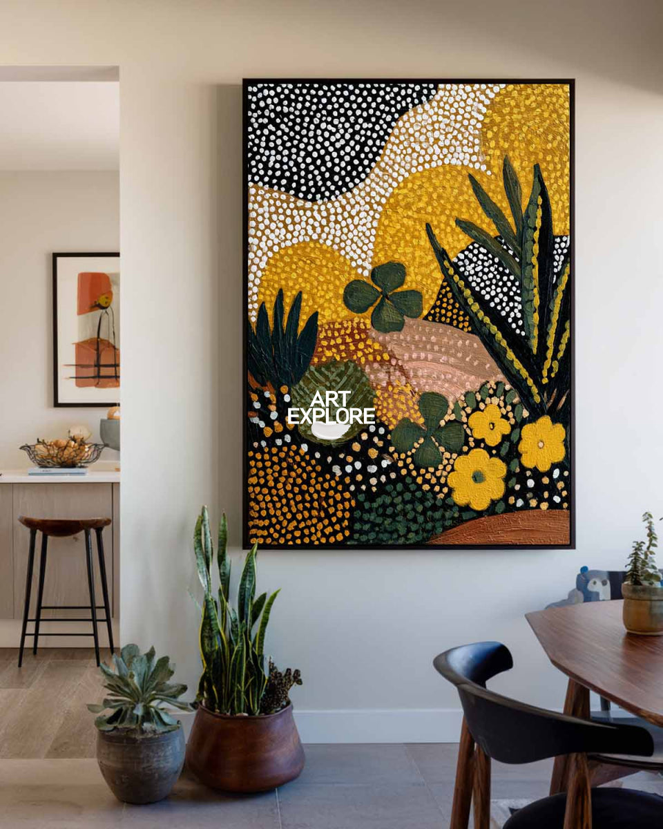 Abstract Botanical Painting Green Gold Modern Art For Living Room Decor