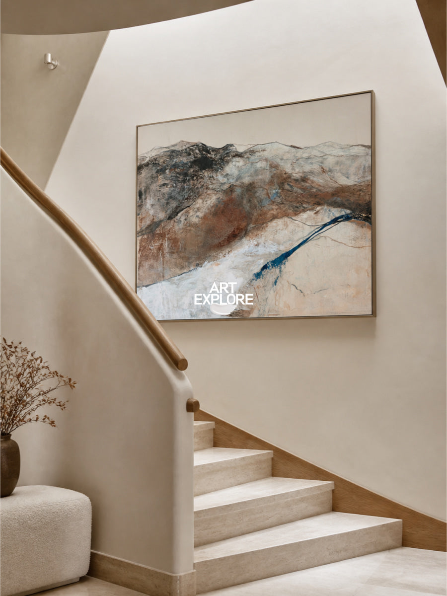 Contemporary Abstract Expressionist Canvas Art In Warm Brown And Cool Blue Palette
