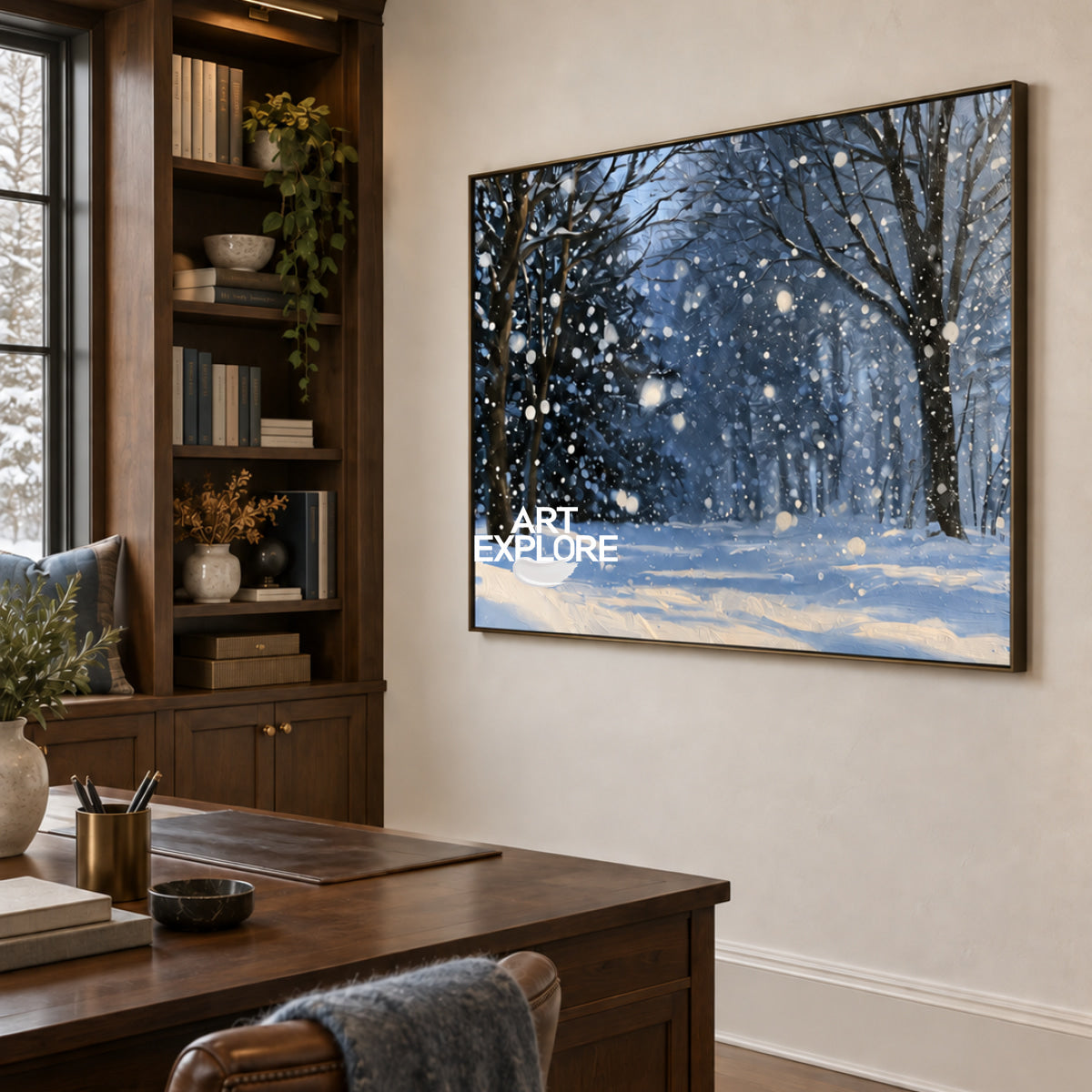Abstract Winter Forest Landscape Hand-Painted Canvas Art In Blue And White