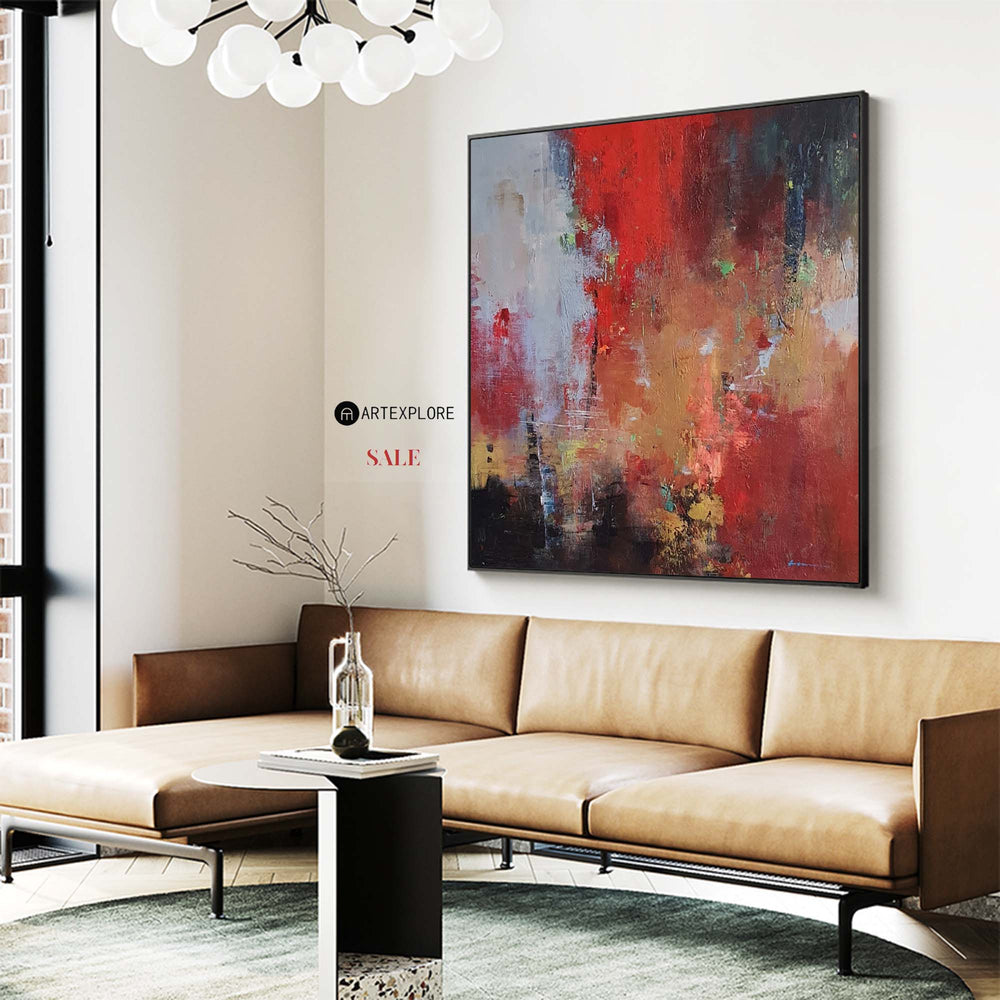 Modern Colorful Canvas Painting Red Tone Abstract Art Painting Red Square Canvas Painting