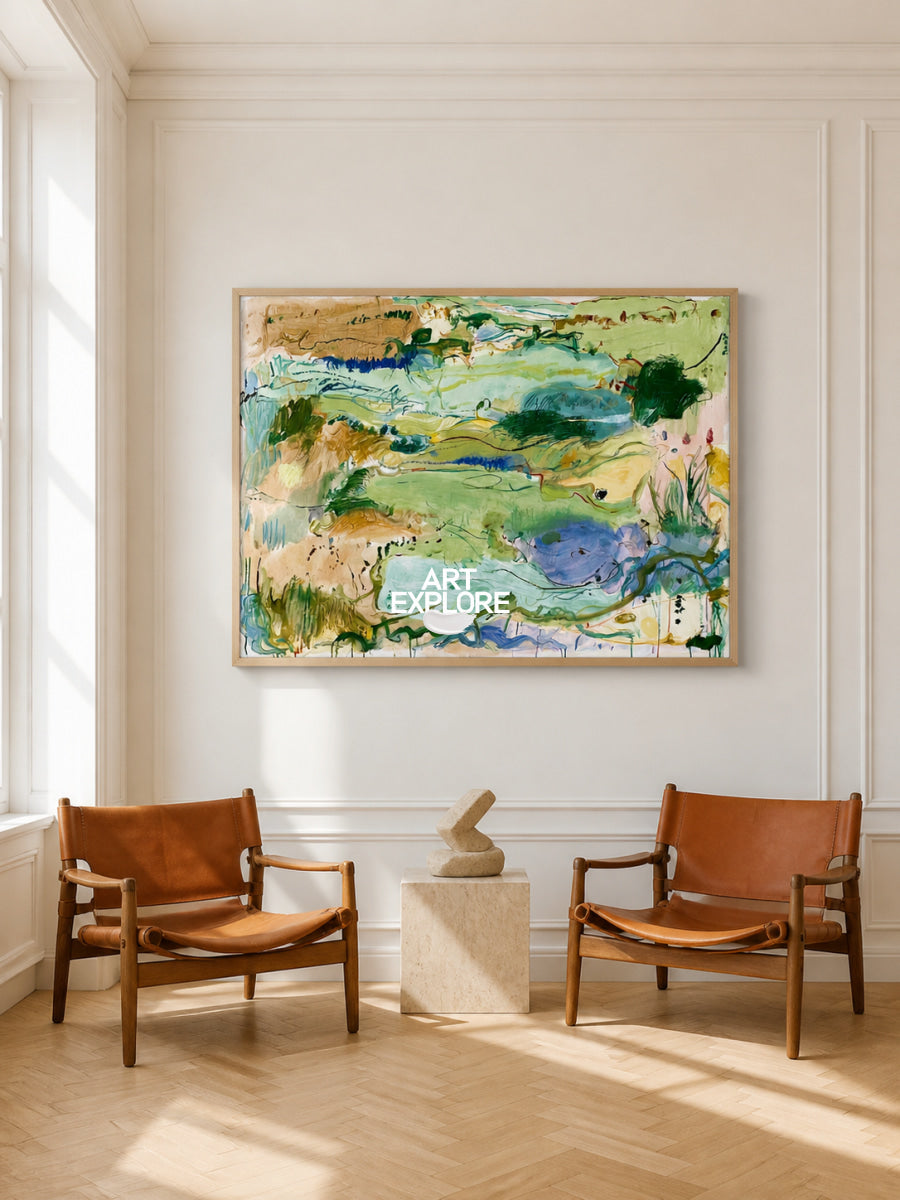 Abstract Green Landscape Canvas Painting Hand-Painted Wall Art With Blue And Beige Tones