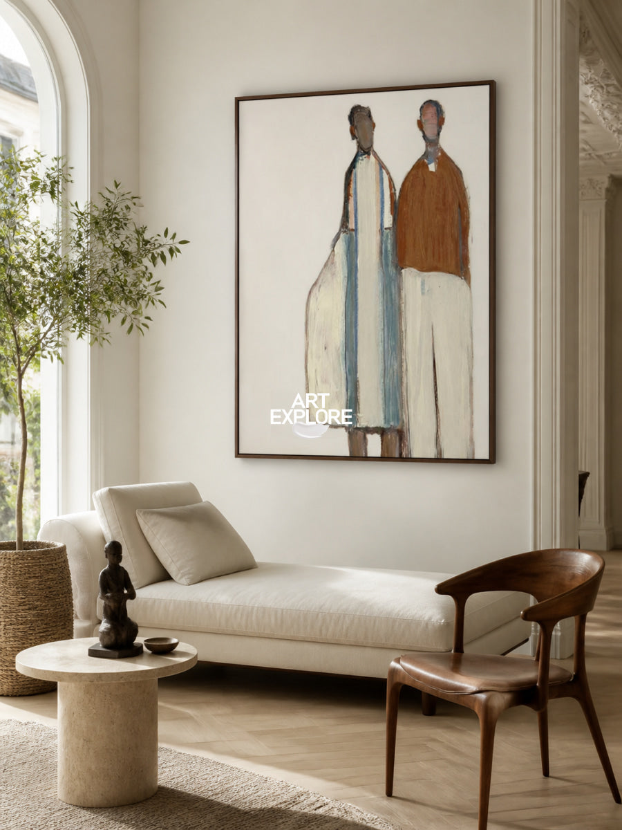 Minimalist Figurative Art Painting In Beige And Brown For Modern Home Decor