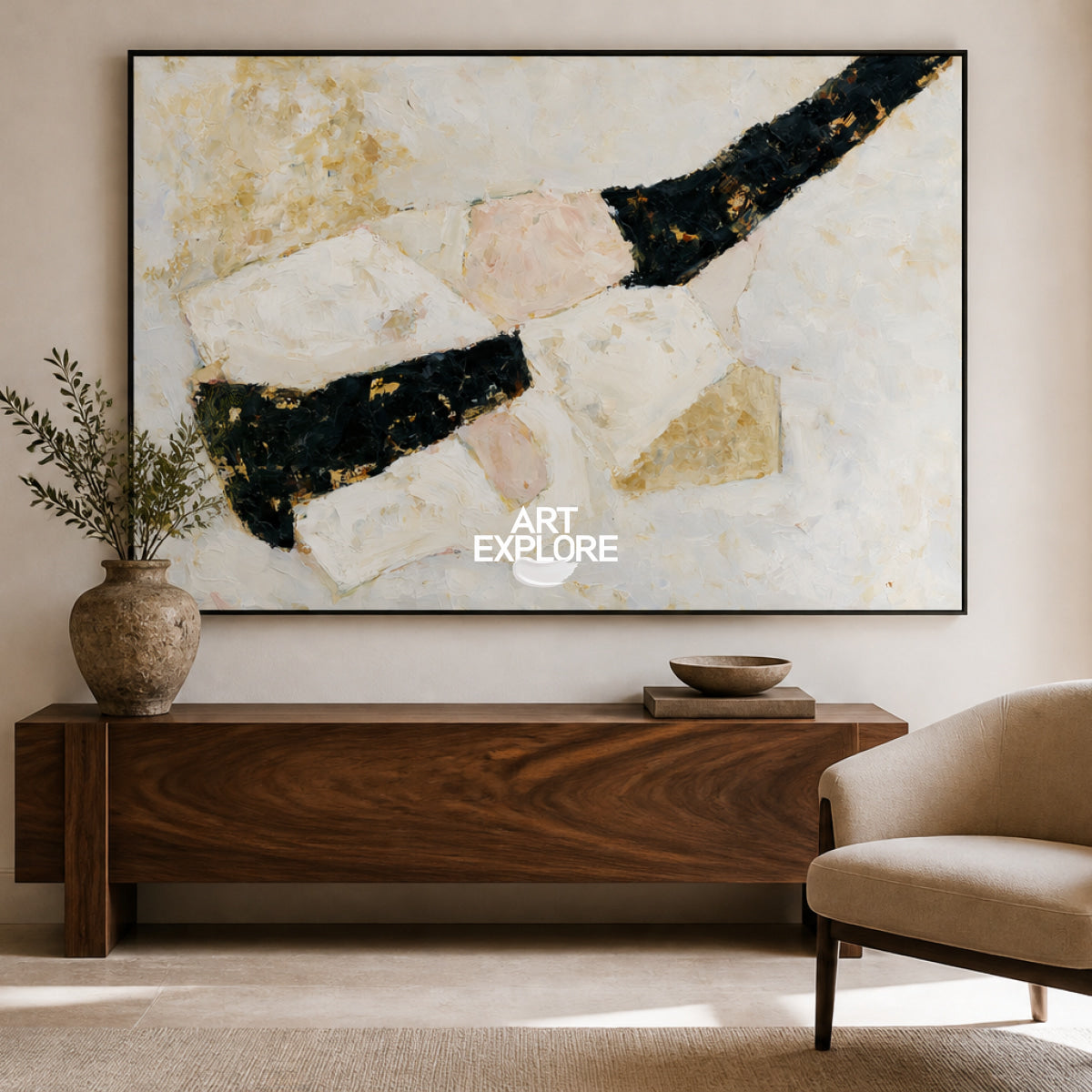 Abstract Geometric Canvas Painting In Black White And Beige