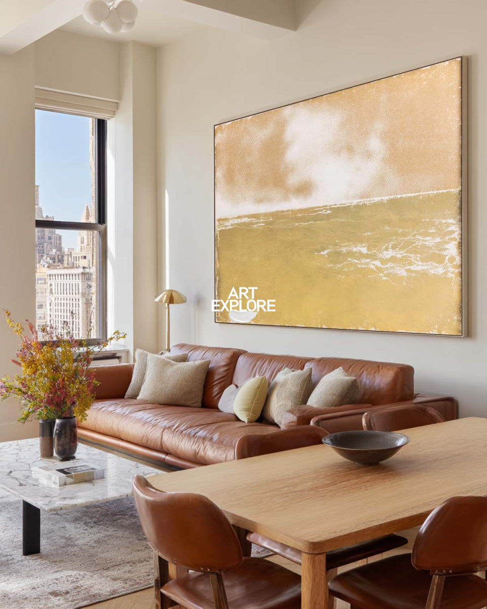 Original Minimalist Seascape Art In Gold And White For Living Room Wall