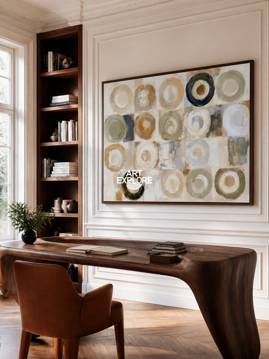 Warm Geometric Abstract Canvas Painting With Earthy Circles For Modern Decor