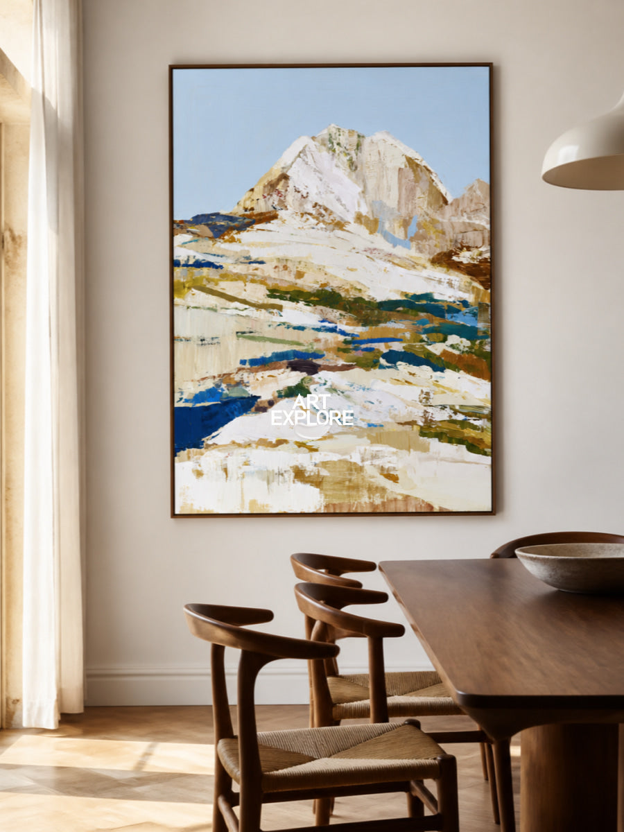 Abstract Mountain Landscape Canvas Painting In Blue And Brown Tones