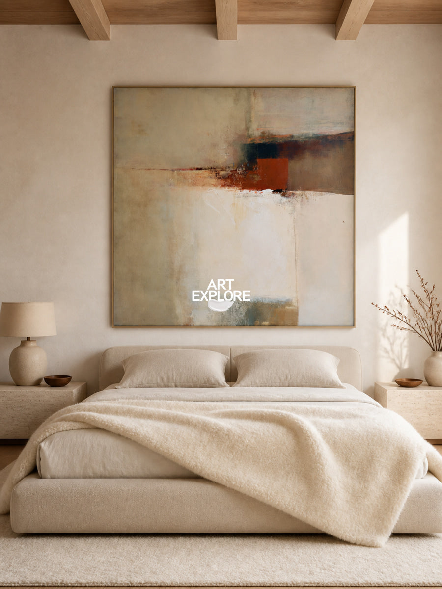 Abstract Beige Brown Square Canvas Painting Hand-Painted Wall Art Original